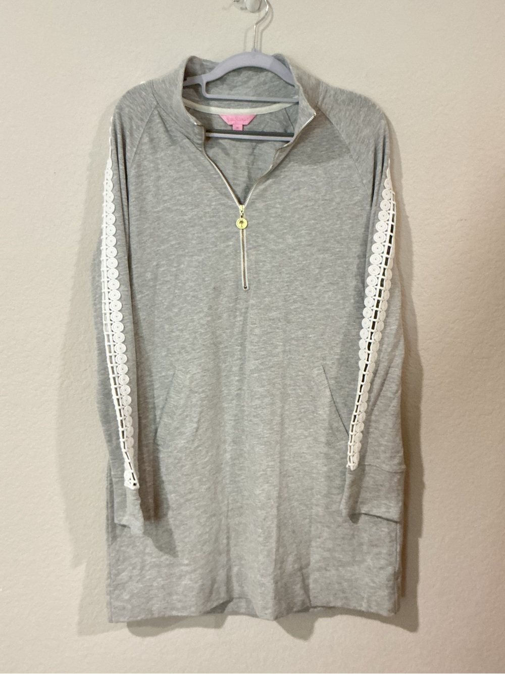 Lilly Pulitzer Grey Pullover with White Lace Sleeve Trim